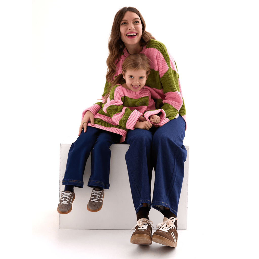 Cara & The Sky Rhiannon Kids Chunky Stripe Recycled Cotton Blend Jumper - Pink