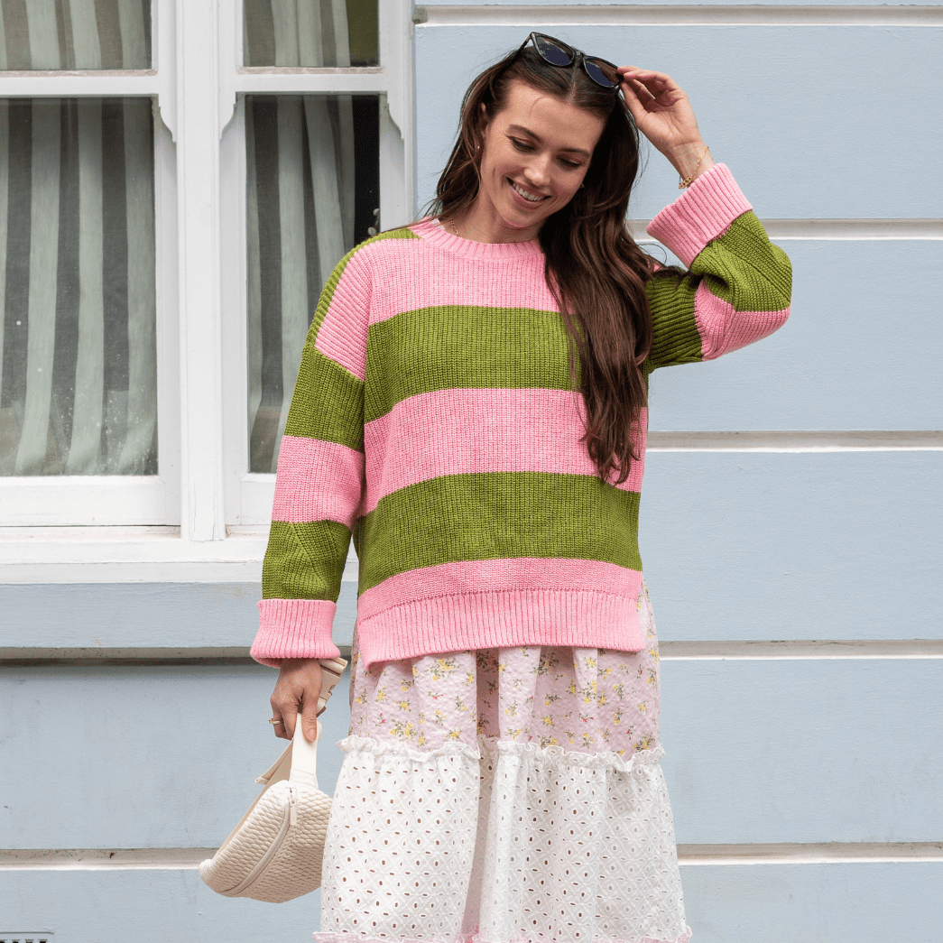 Cara & The Sky Rhiannon Recycled Cotton Blend Stripe Ladies Jumper - Pink and Green