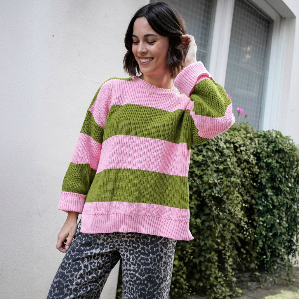 Cara & The Sky Rhiannon Recycled Cotton Blend Stripe Ladies Jumper - Pink and Green