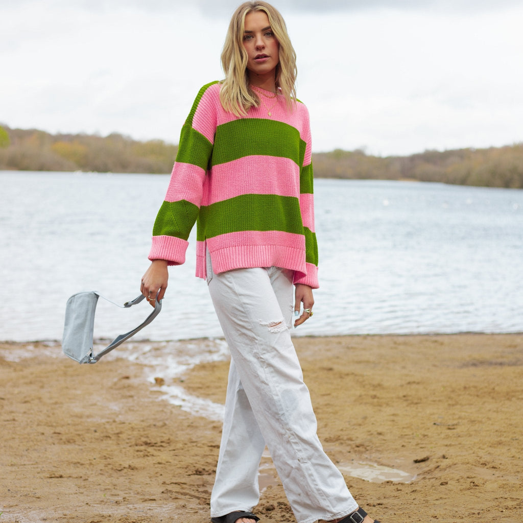 Cara & The Sky Rhiannon Recycled Cotton Blend Stripe Ladies Jumper - Pink and Green