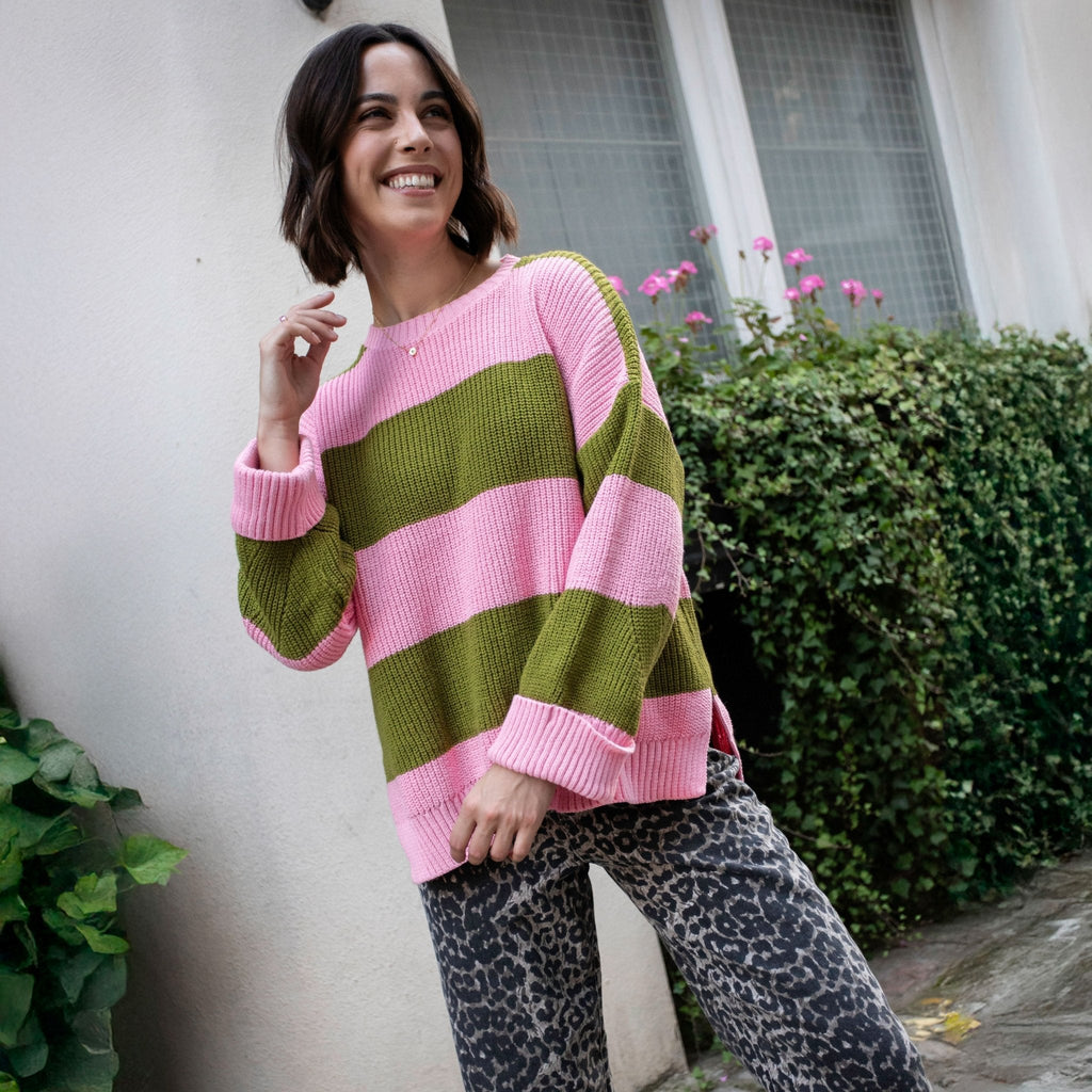 Cara & The Sky Rhiannon Recycled Cotton Blend Stripe Ladies Jumper - Pink and Green