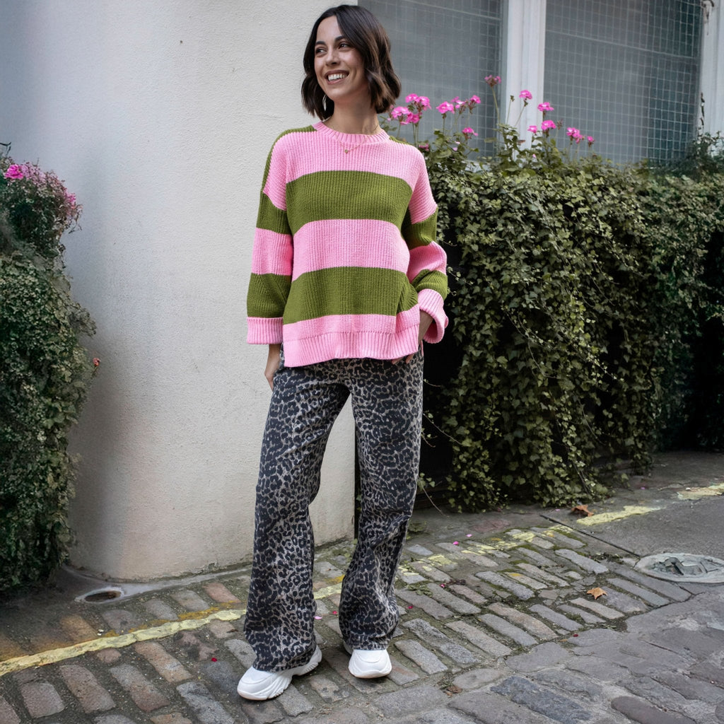 Cara & The Sky Rhiannon Recycled Cotton Blend Stripe Ladies Jumper - Pink and Green