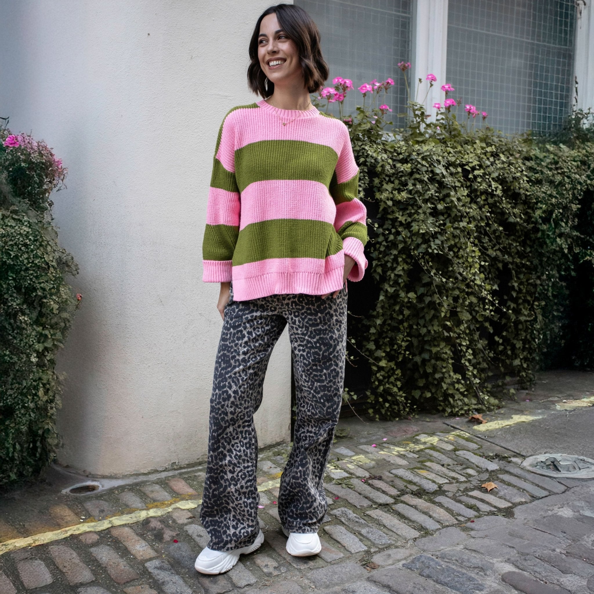 Cara & The Sky Rhiannon Recycled Cotton Blend Stripe Ladies Jumper - Pink and Green