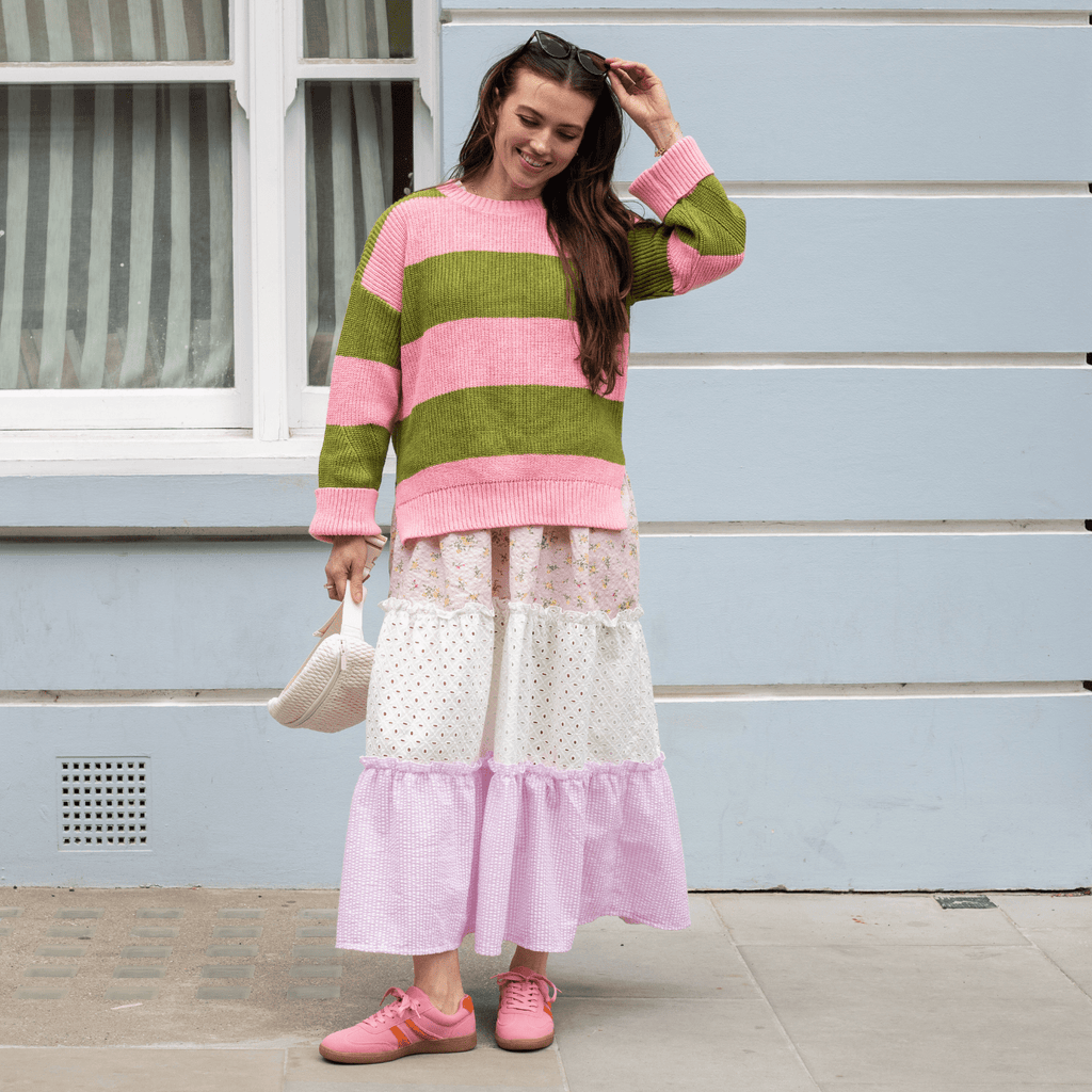 Cara & The Sky Rhiannon Recycled Cotton Blend Stripe Ladies Jumper - Pink and Green