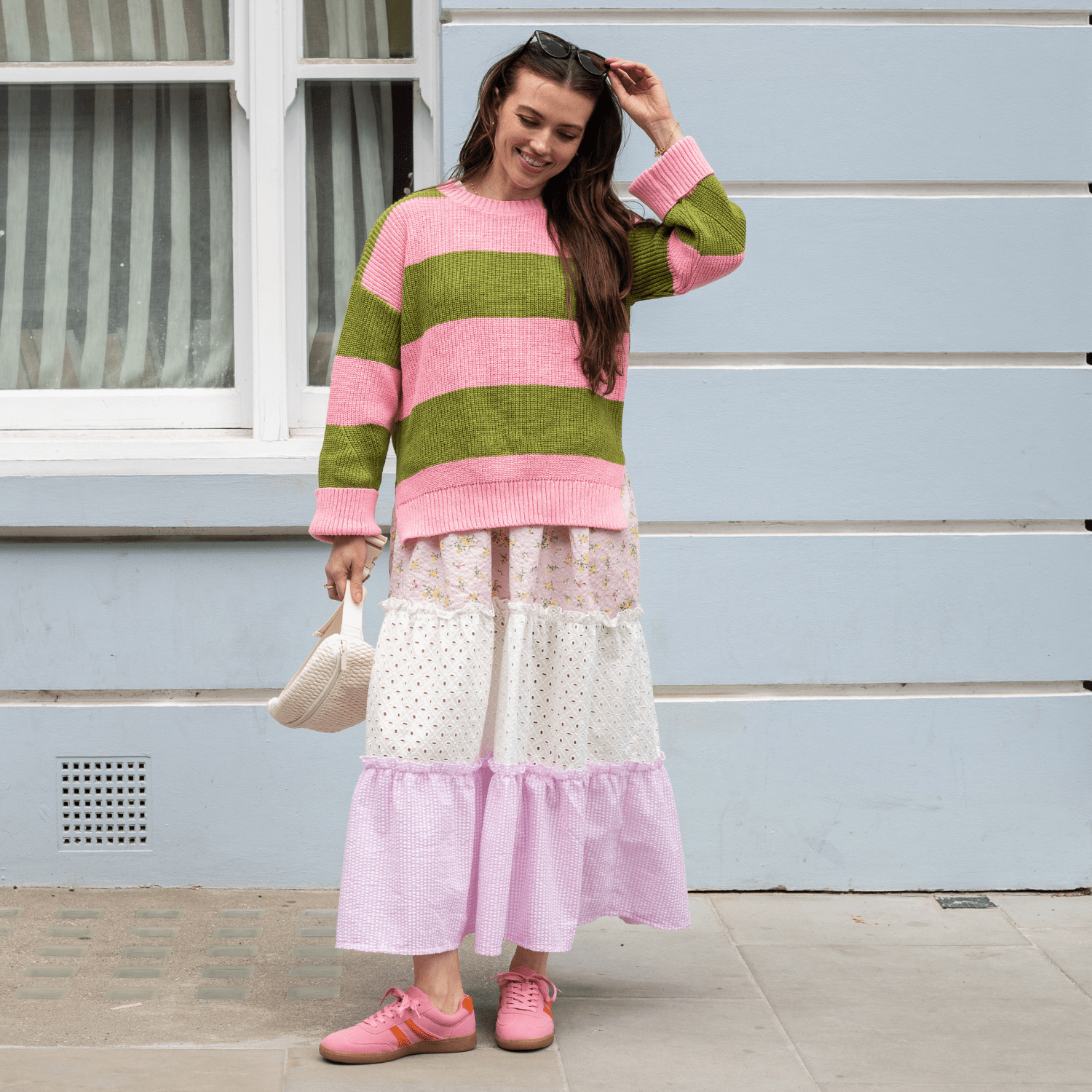 Cara & The Sky Rhiannon Recycled Cotton Blend Stripe Ladies Jumper - Pink and Green