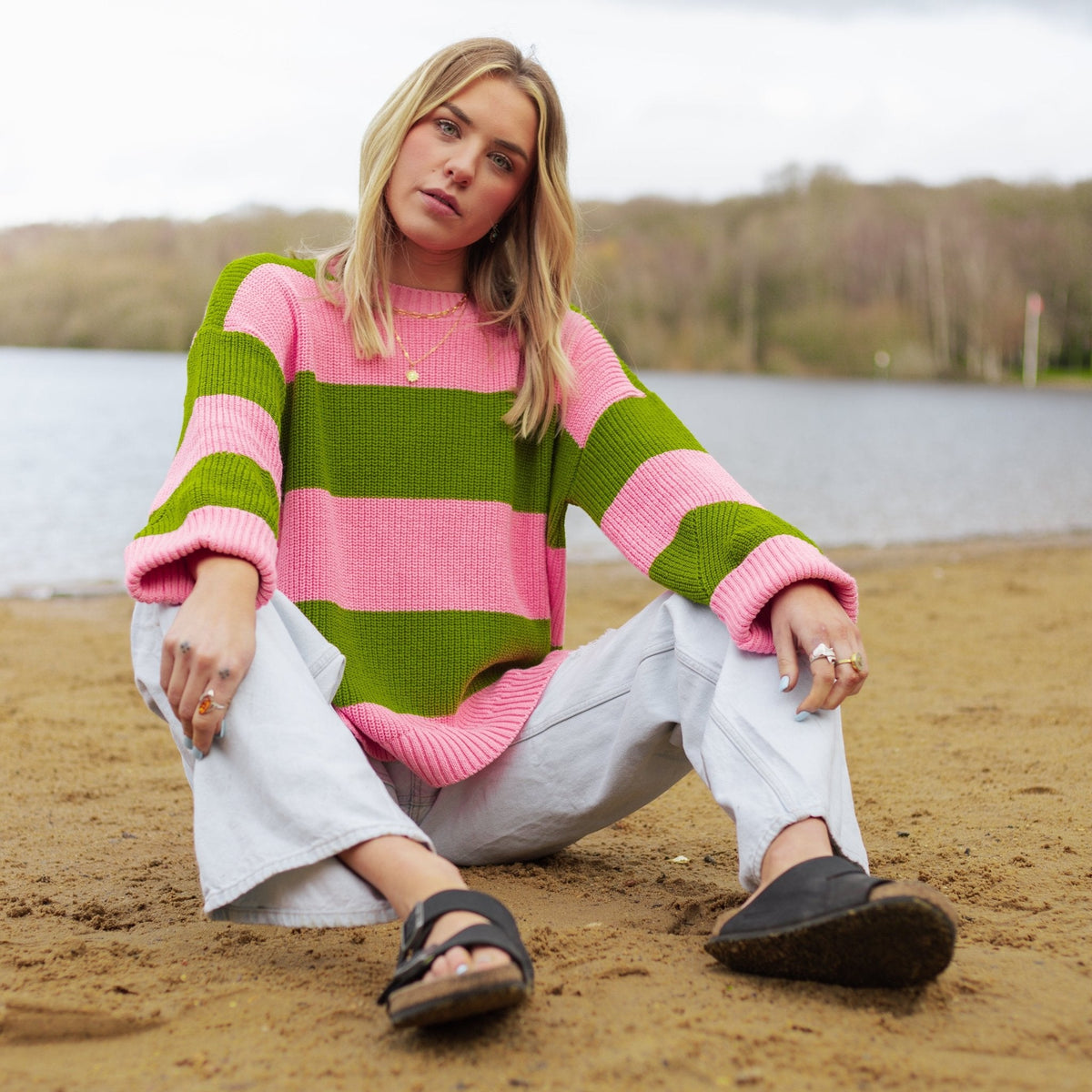 Cara & The Sky Rhiannon Recycled Cotton Blend Stripe Ladies Jumper - Pink and Green