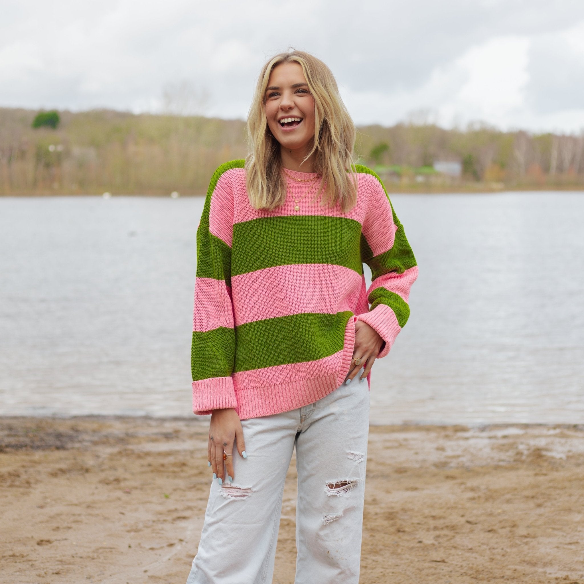 Cara & The Sky Rhiannon Recycled Cotton Blend Stripe Ladies Jumper - Pink and Green