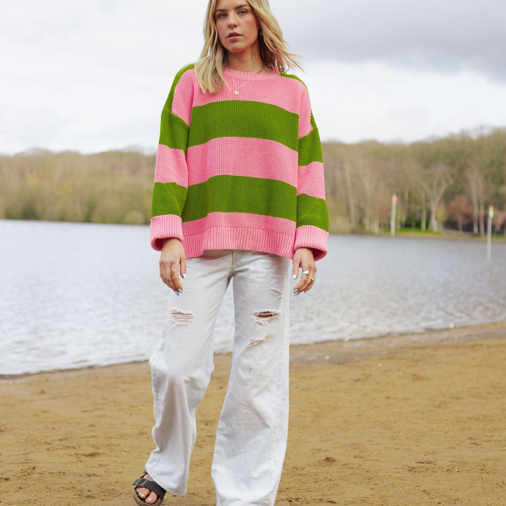 Cara & The Sky Rhiannon Recycled Cotton Blend Stripe Ladies Jumper - Pink and Green