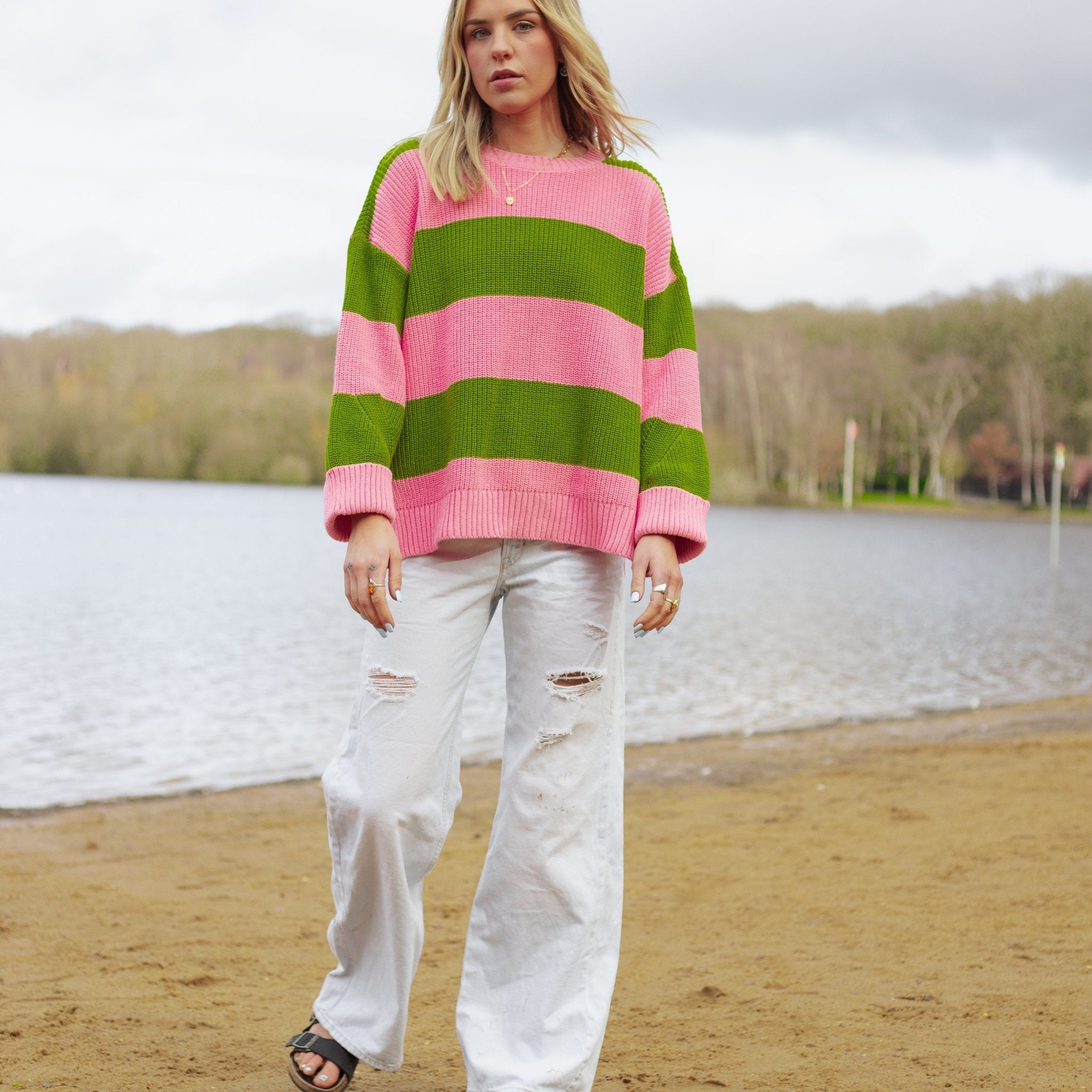 Cara & The Sky Rhiannon Recycled Cotton Blend Stripe Ladies Jumper - Pink and Green