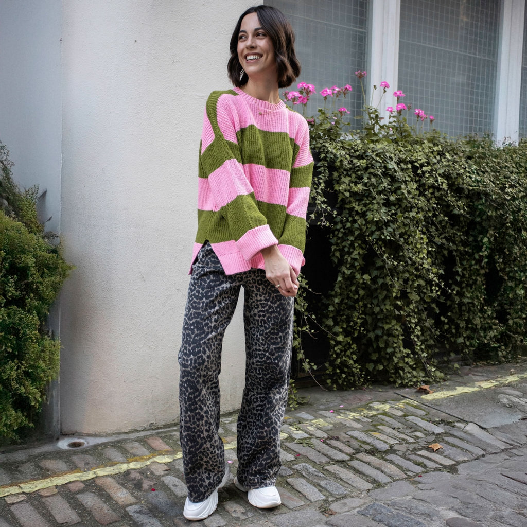 Cara & The Sky Rhiannon Recycled Cotton Blend Stripe Ladies Jumper - Pink and Green