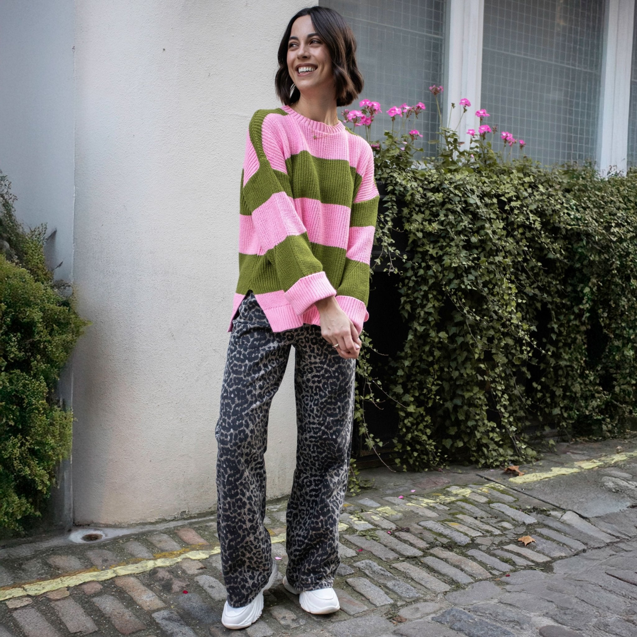 Cara & The Sky Rhiannon Recycled Cotton Blend Stripe Ladies Jumper - Pink and Green