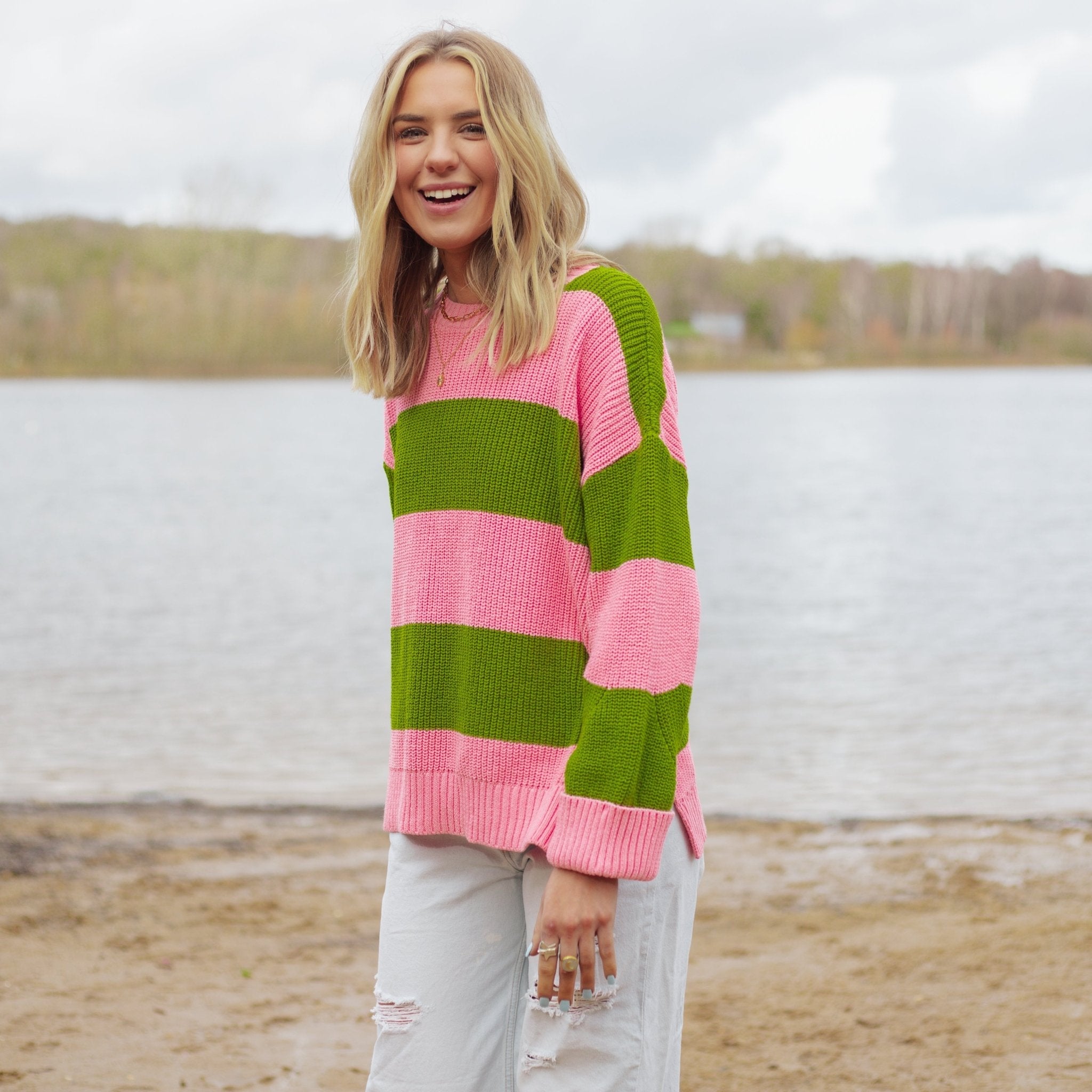 Cara & The Sky Rhiannon Recycled Cotton Blend Stripe Ladies Jumper - Pink and Green