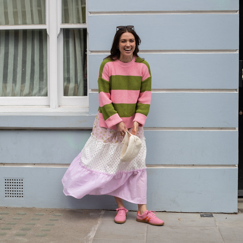 Cara & The Sky Rhiannon Recycled Cotton Blend Stripe Ladies Jumper - Pink and Green