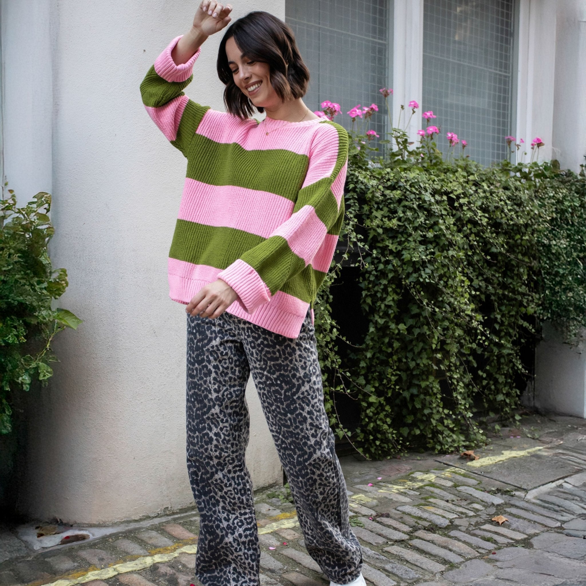 Cara & The Sky Rhiannon Recycled Cotton Blend Stripe Ladies Jumper - Pink and Green