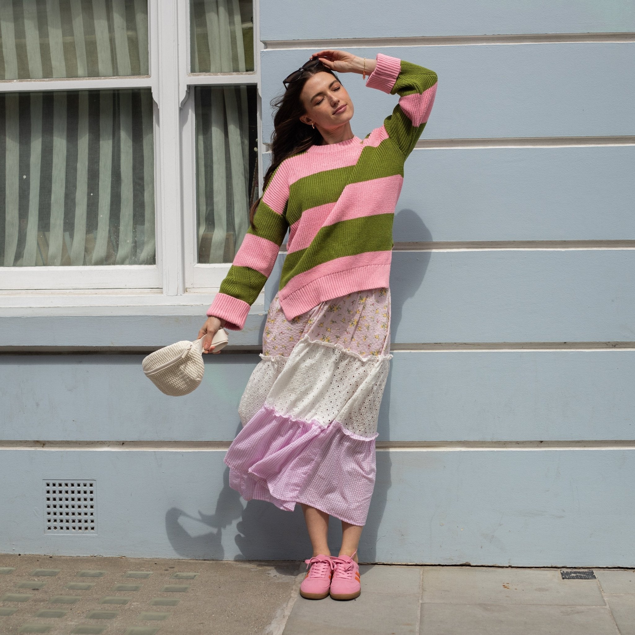 Cara & The Sky Rhiannon Recycled Cotton Blend Stripe Ladies Jumper - Pink and Green