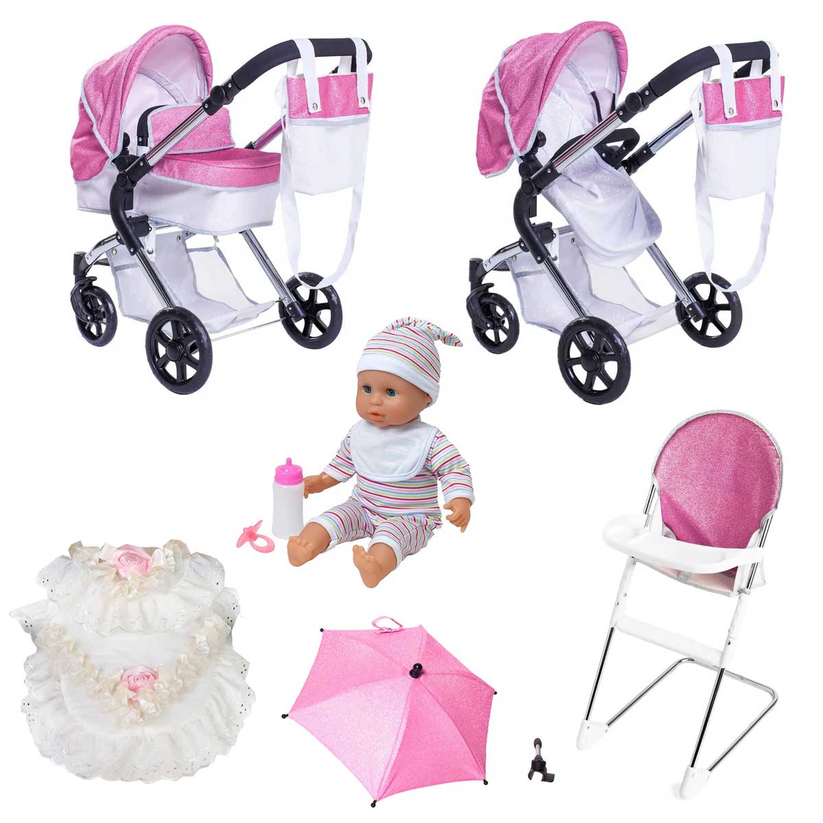 Roma Stephanie Dolls Pram Bundle with Pushchair, Doll, Highchair, Bag, Parasol - Baby&More