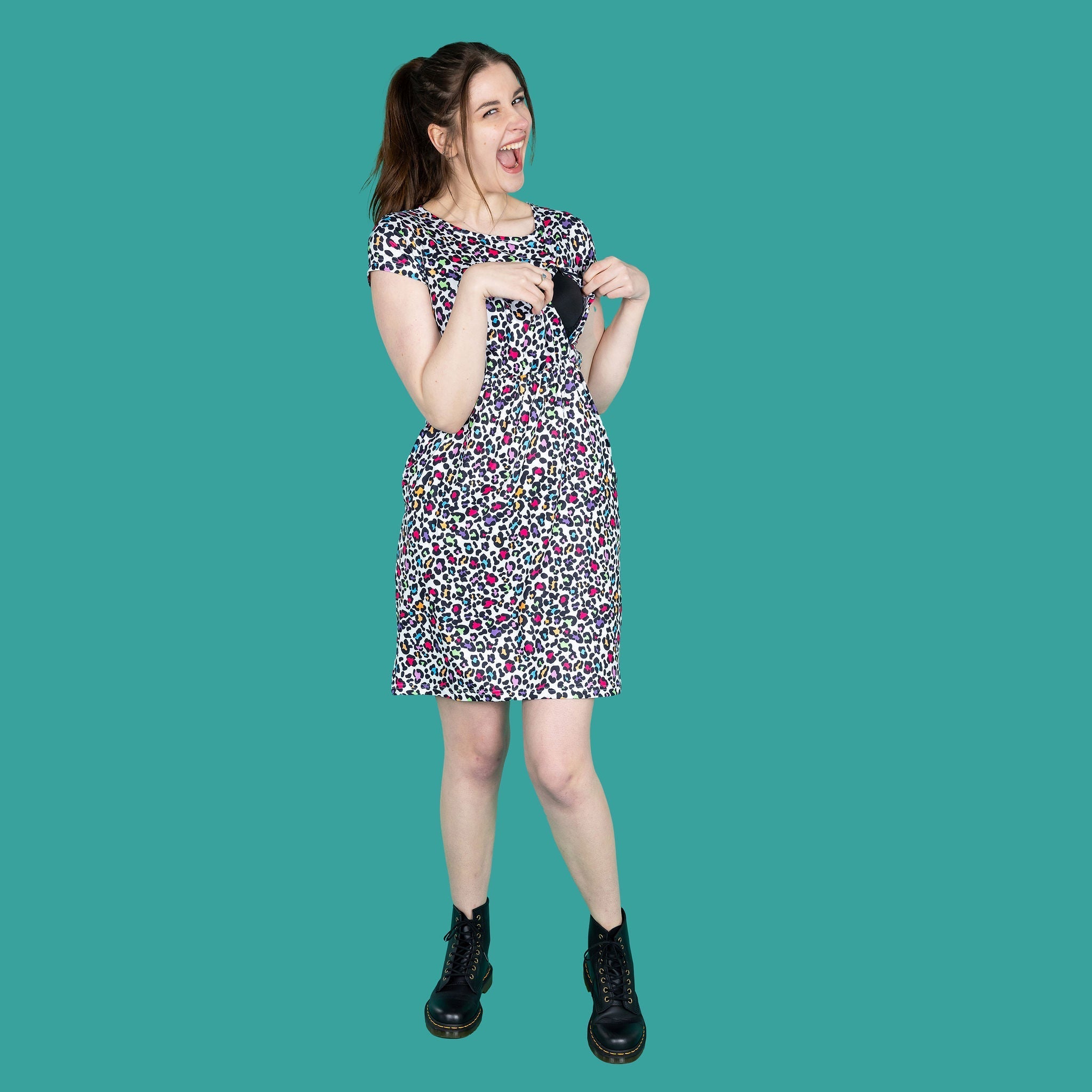 The Knee Length Breastfeeding Dress - Rainbow Leopard