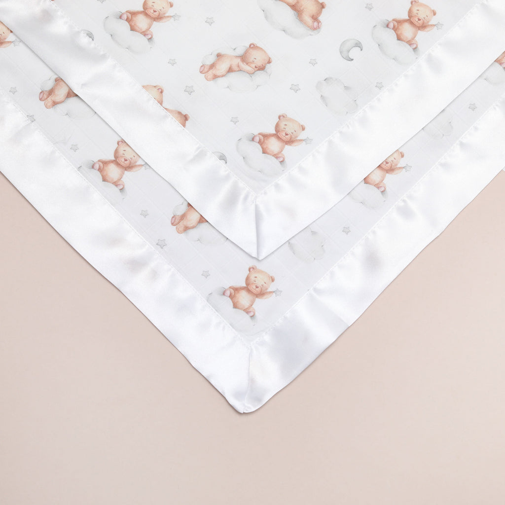 Bullabaloo Sleeping Bears Comforter Blanket - White Satin - 2 Pack