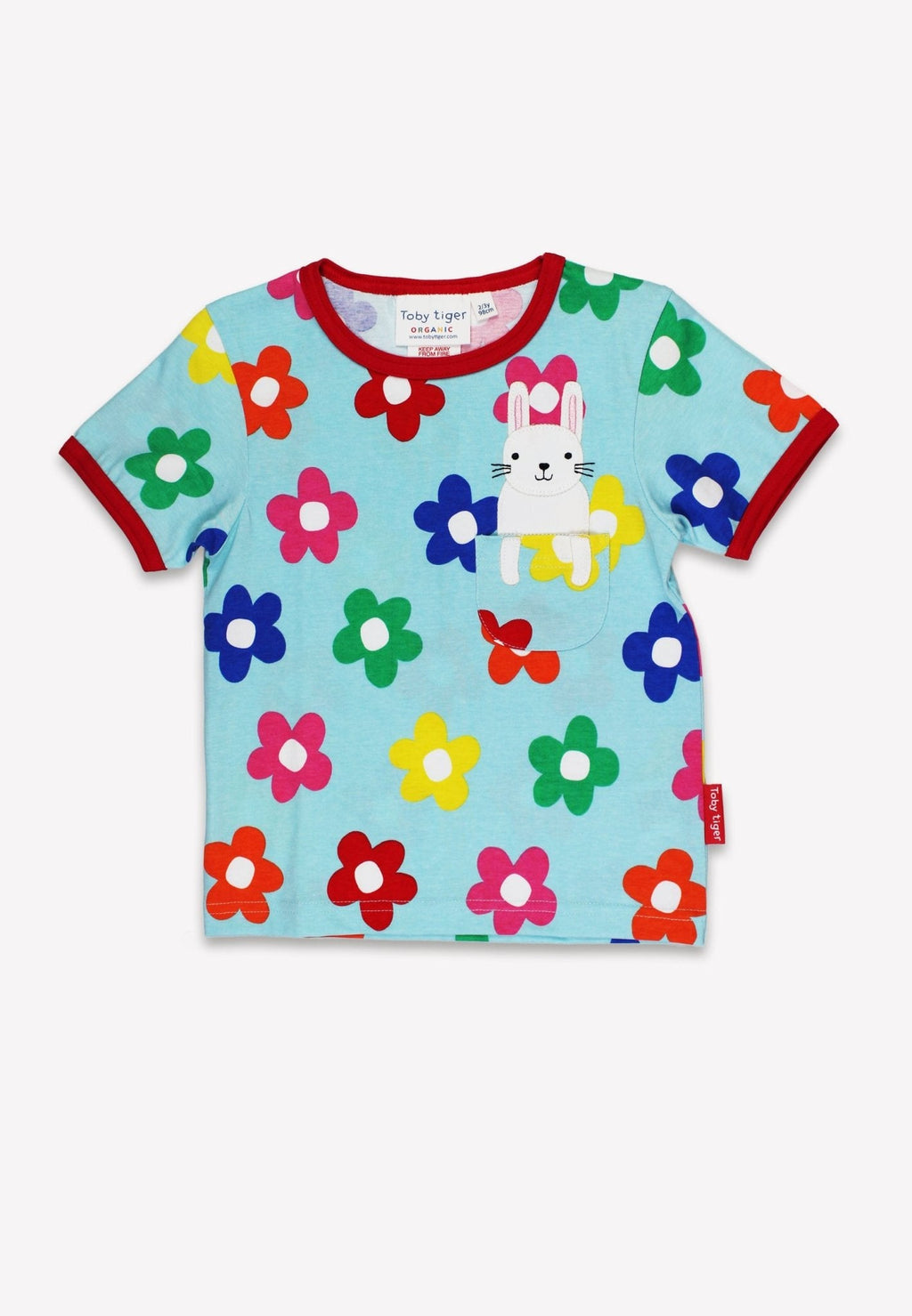 Toby Tiger Organic Applique Short-Sleeved T-Shirt - Rainbow Bloom Bunny Pocket