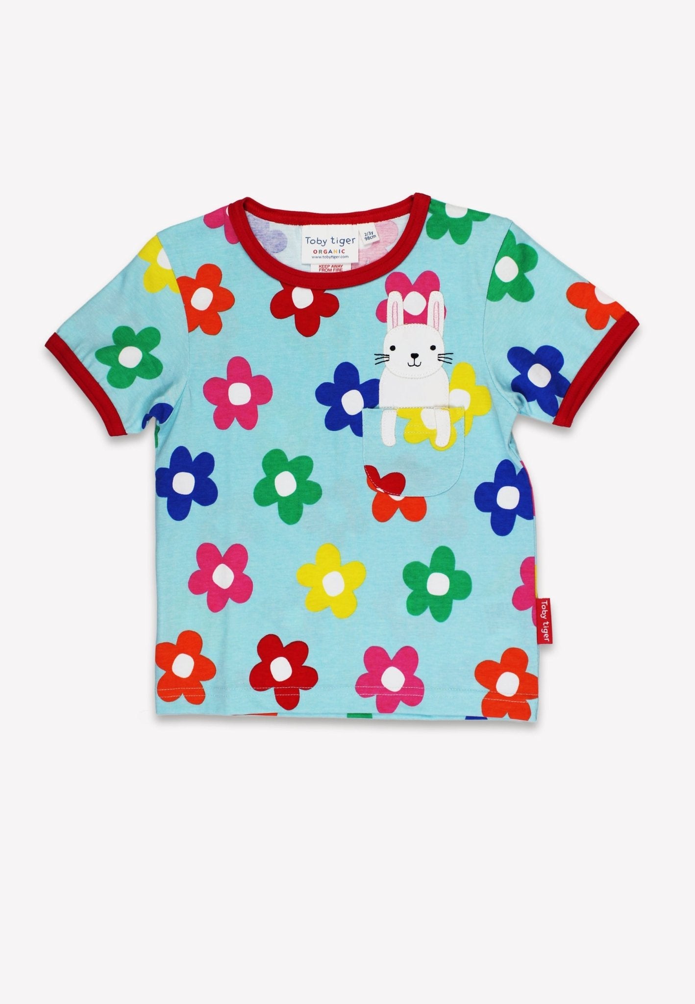Toby Tiger Organic Applique Short-Sleeved T-Shirt - Rainbow Bloom Bunny Pocket