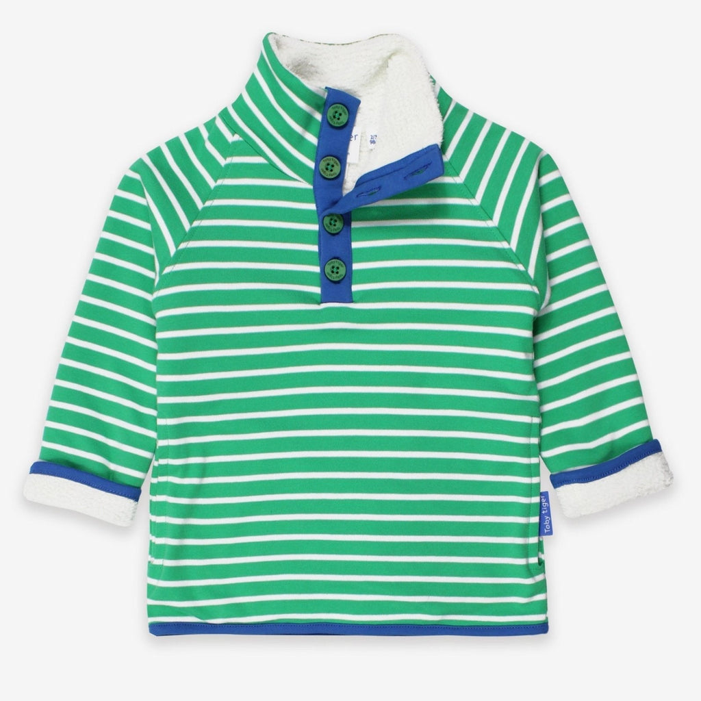 Green and white striped sweatshirt with blue trim on a white background
