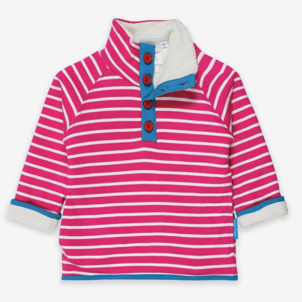 Pink and white striped sweatshirt with buttons on a white background