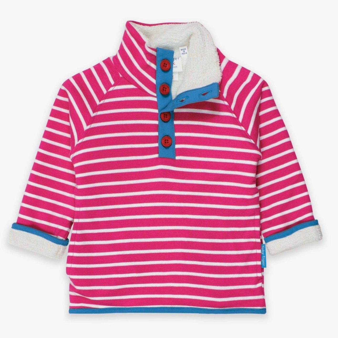 Pink and white striped sweatshirt with buttons on a white background