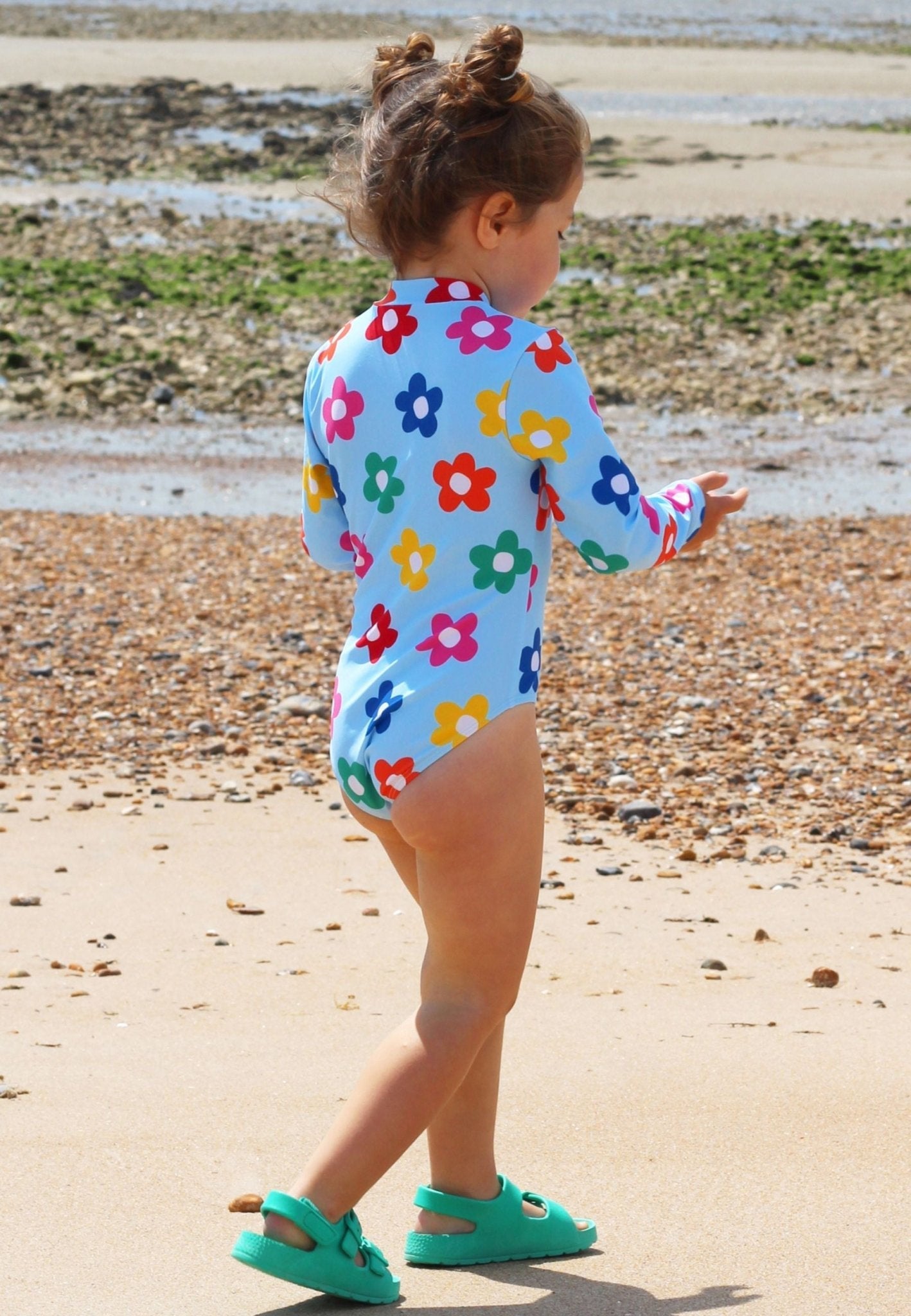 Long-Sleeved Kids' Swimsuit - Rainbow Bloom Print