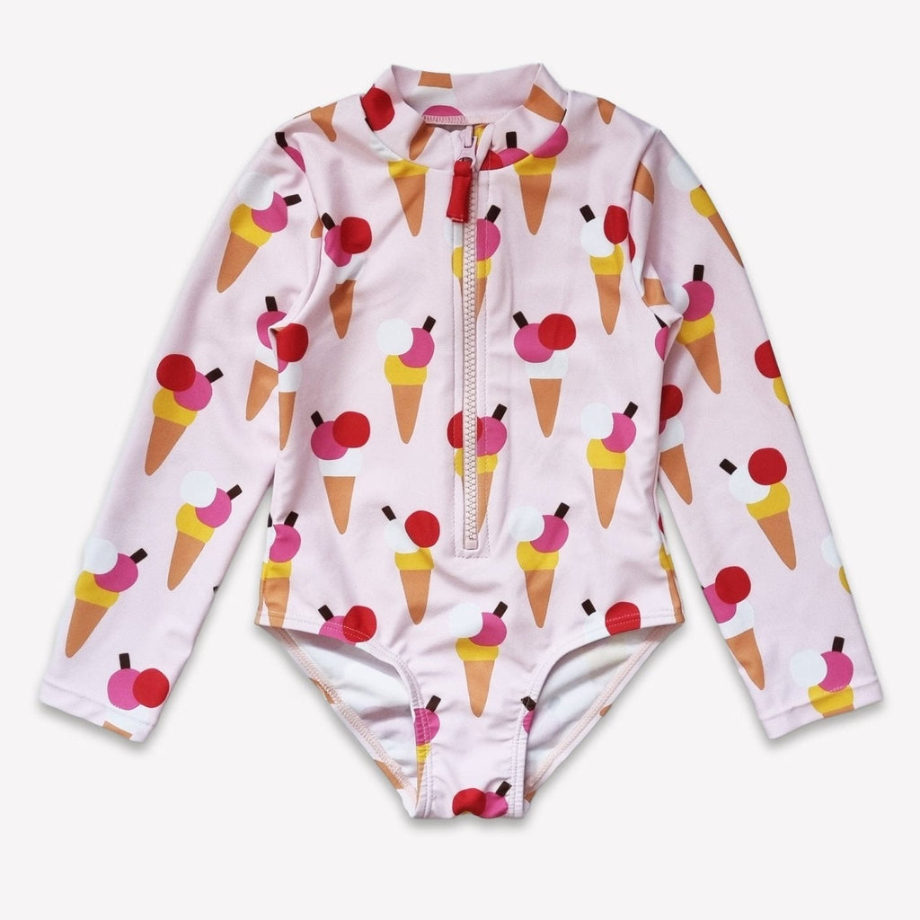 Long-Sleeved Kids' Swimsuit - Ice Cream Cones Print