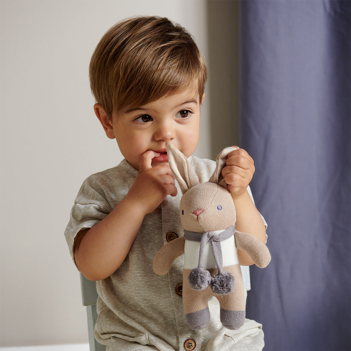 ThreadBear Design Organic Baby Comforter, Rattle & Doll Set in Taupe + Gift Box