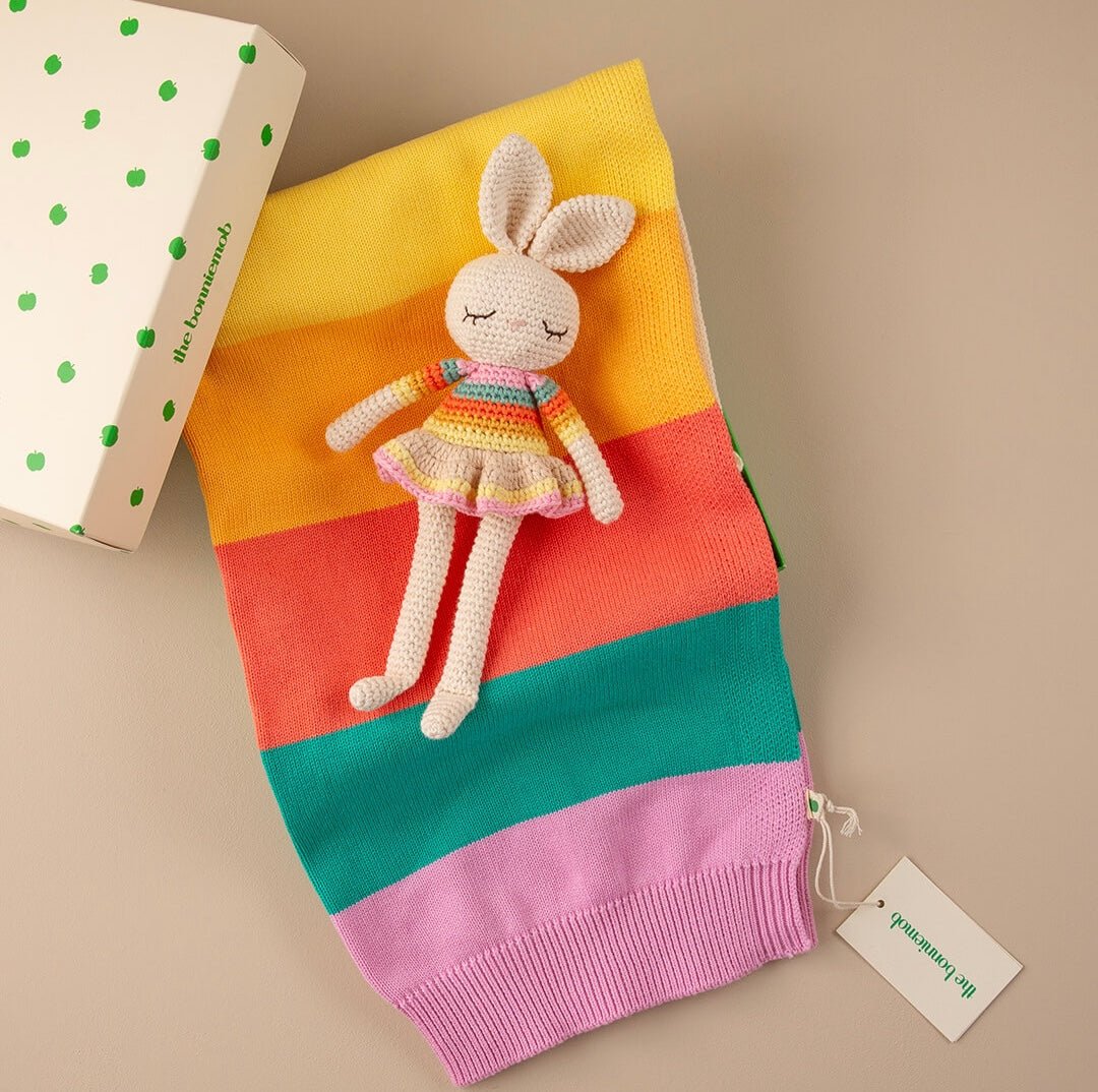 The bonniemob Organic Cotton Pink Rainbow Bonnie Ballerina Bunny Crochet Baby Toy - Baby&More