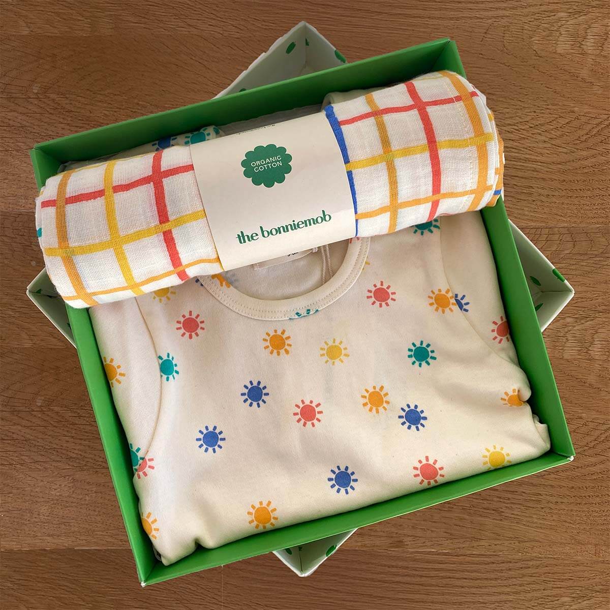 The bonniemob Organic Cotton Rainbow Baby Playsuit & Muslin Swaddle Blanket Gift Box - Baby&More