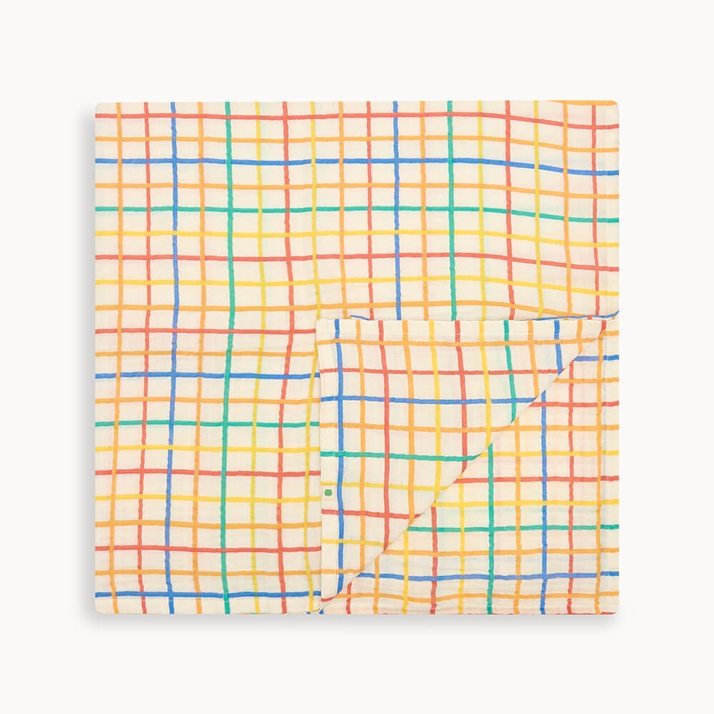 The bonniemob Organic Cotton Rainbow Check Large Baby Muslin Swaddle Blanket - Baby&More