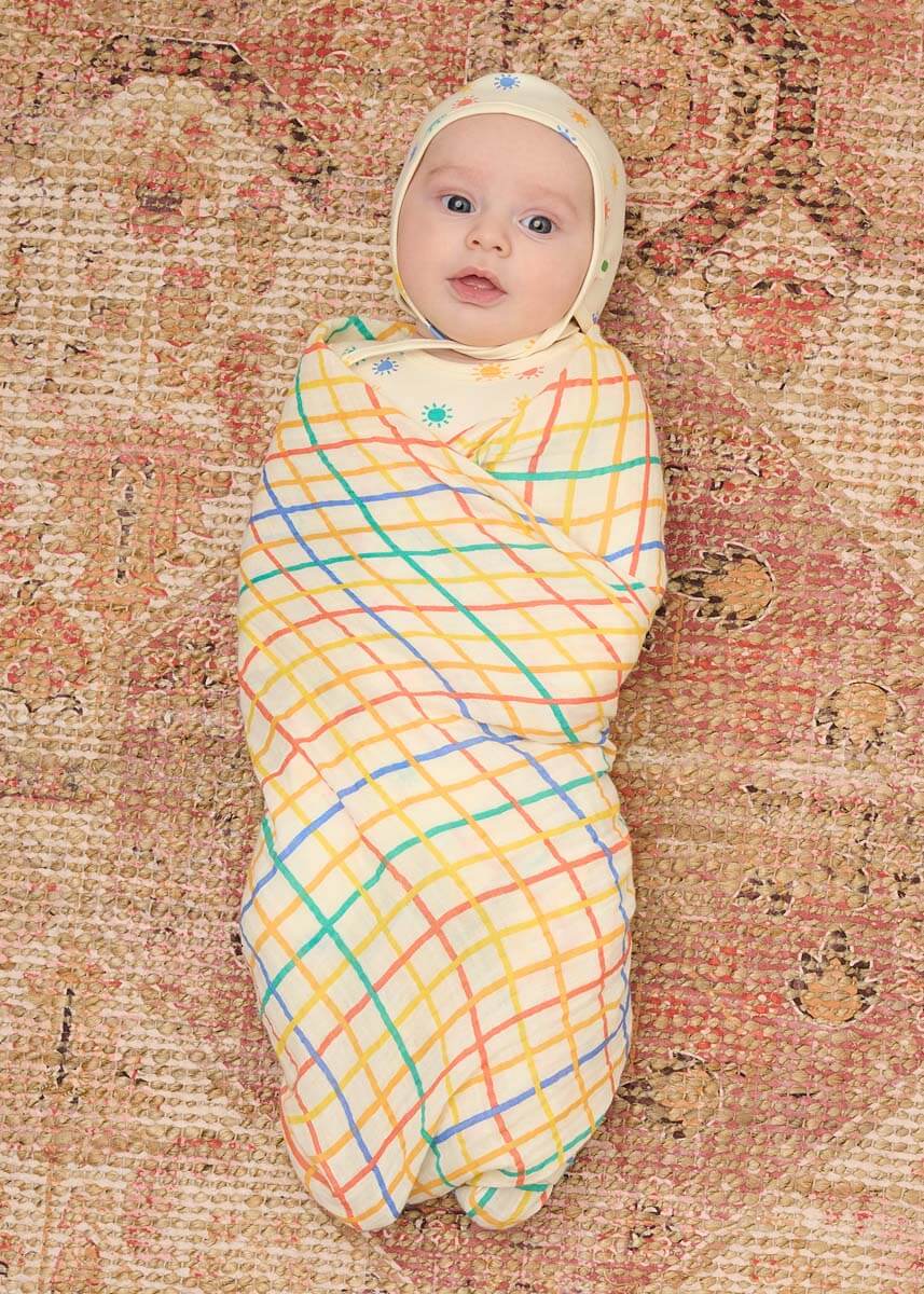 The bonniemob Organic Cotton Rainbow Check Large Baby Muslin Swaddle Blanket - Baby&More
