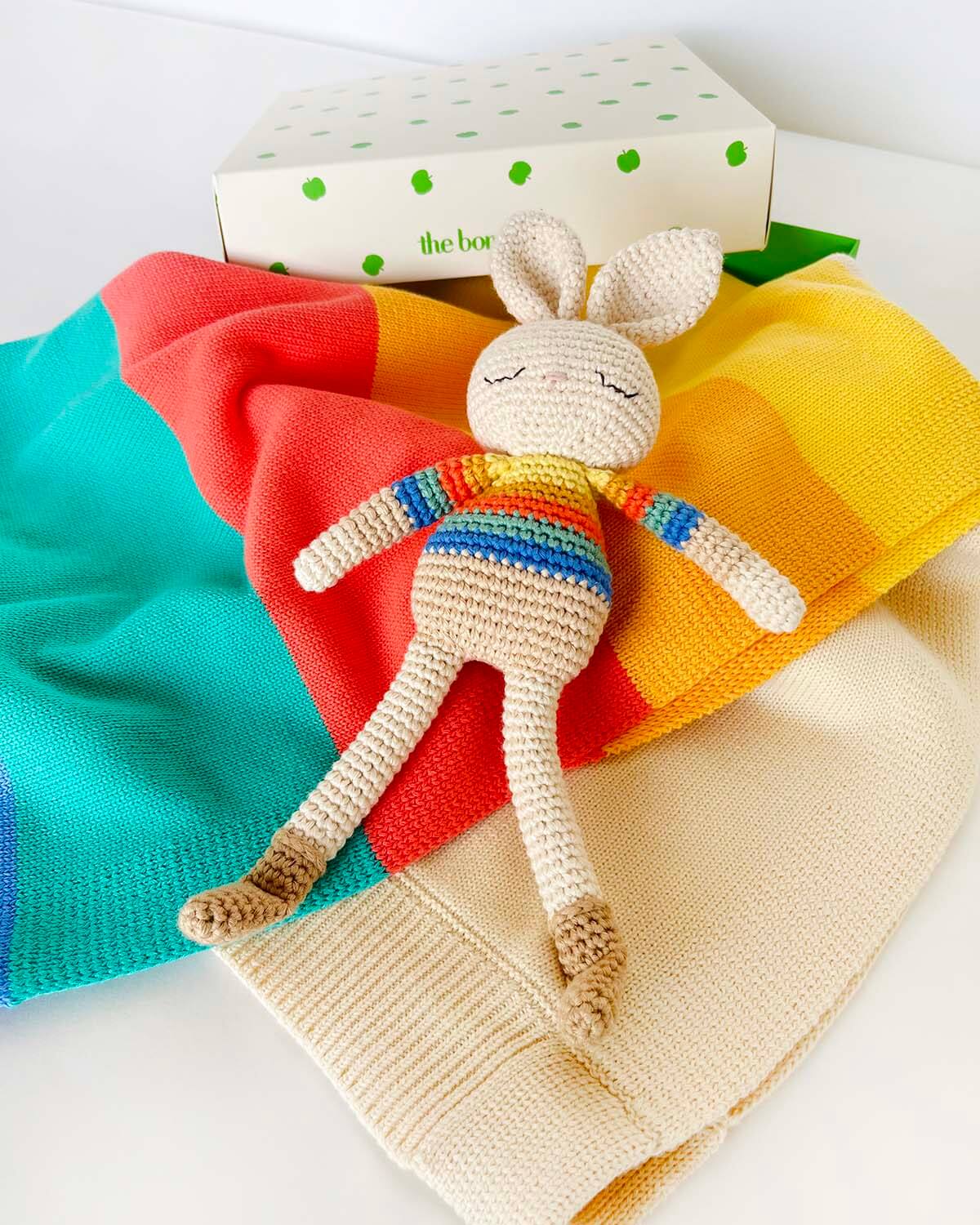 The bonniemob Organic Cotton Rainbow Stripe Bonnie Bunny Crochet Baby Toy - Baby&More