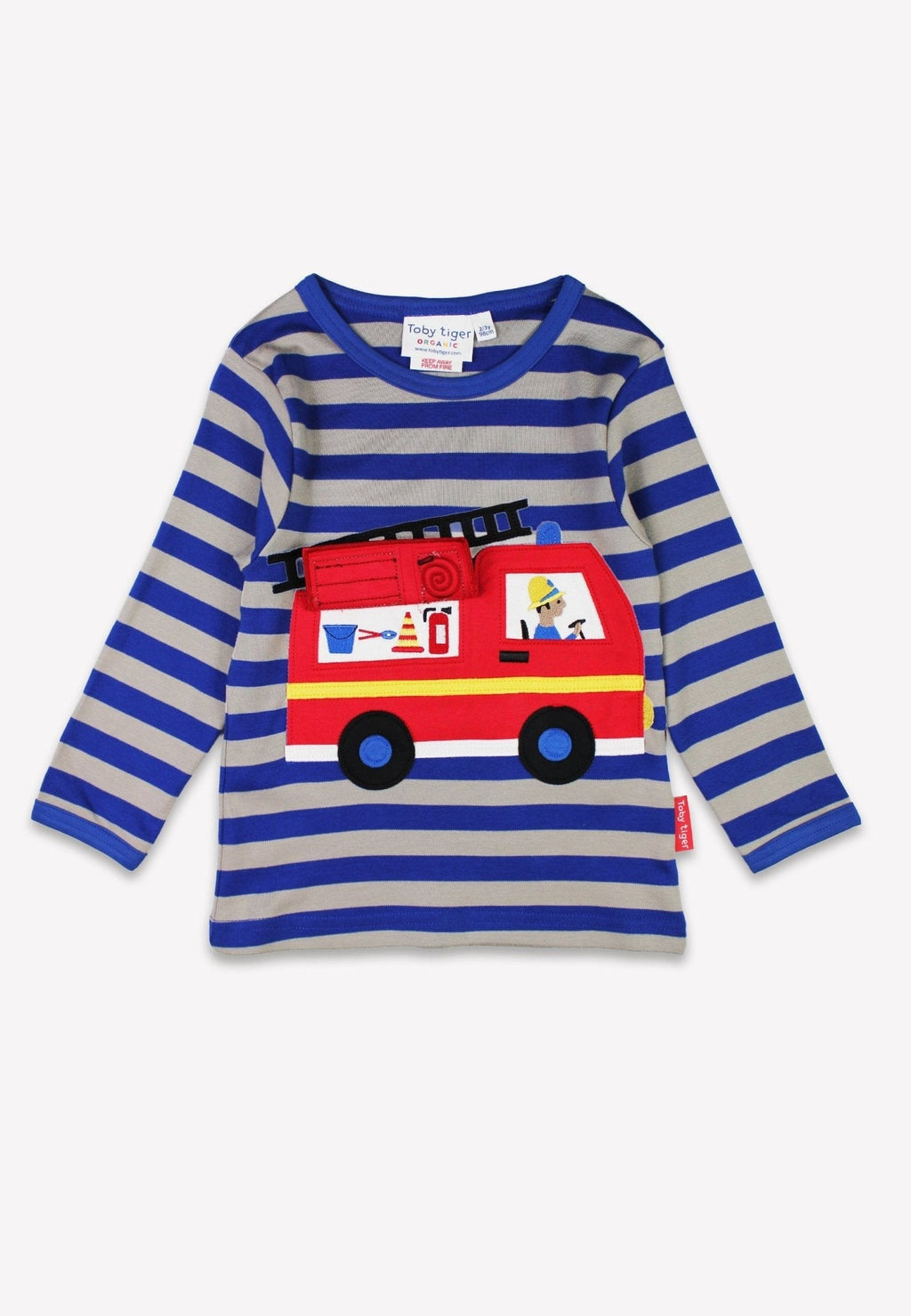 Toby Tiger Organic Applique Long - Sleeved T-Shirt - Blue/Grey Fire Engine with Flap - Baby&More