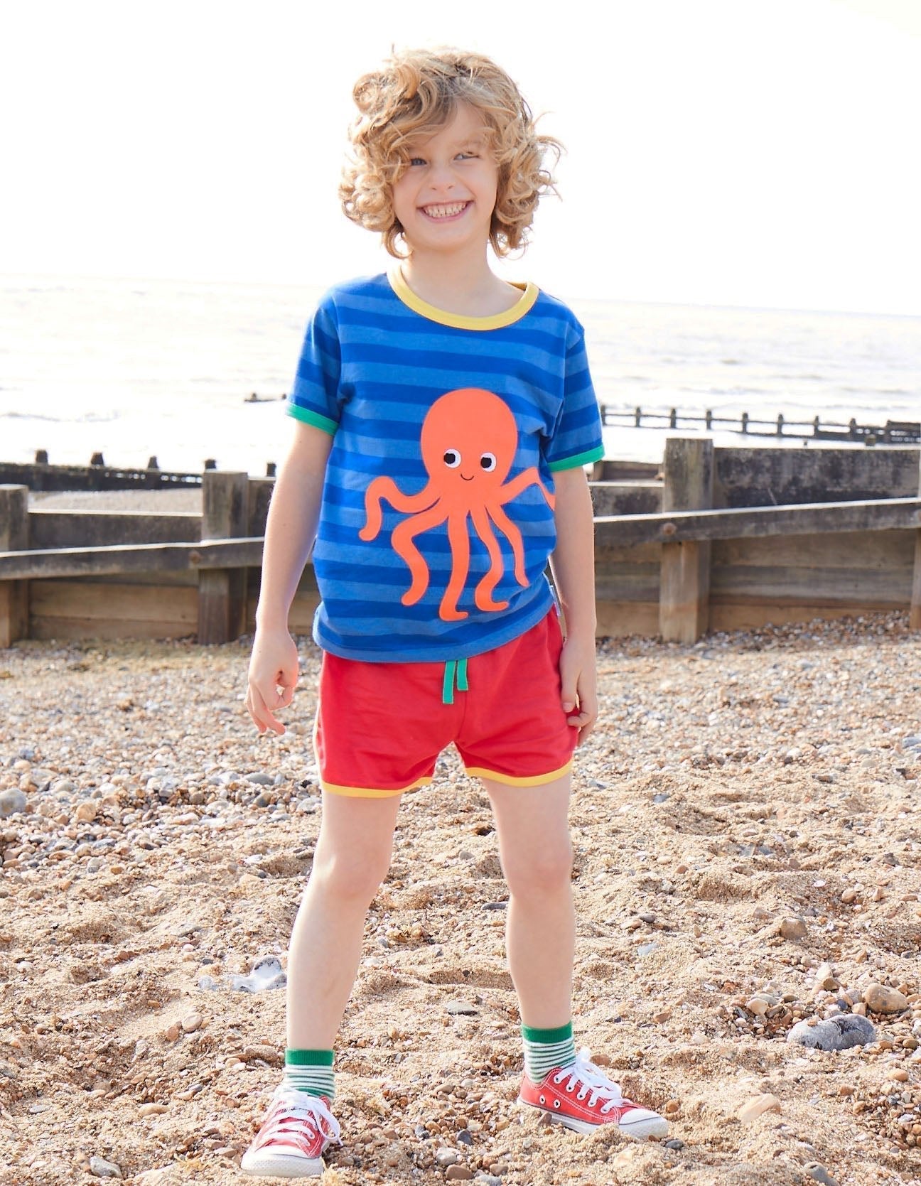 Toby Tiger Organic Applique Short-Sleeved T-Shirt - Octopus Blue Striped - Baby&More