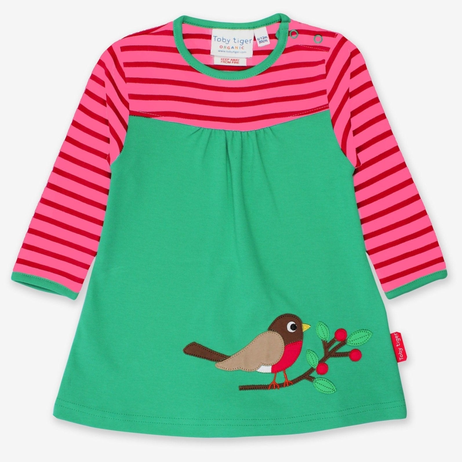 Toby Tiger Organic Applique T-Shirt Dress - Green & Pink Robin - Baby&More