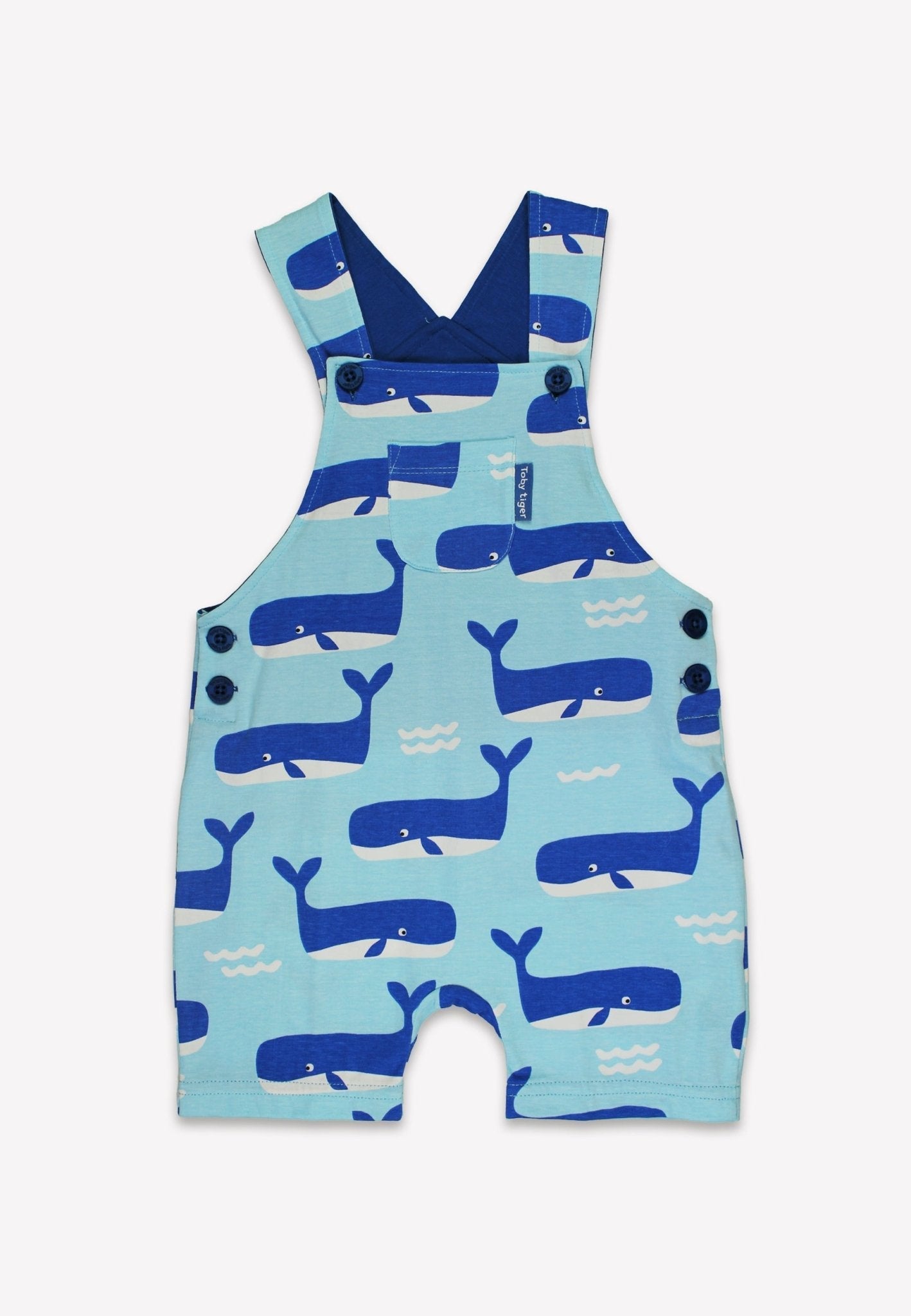 Toby Tiger Organic Dungaree Shorts - Whale Waves Print - Baby&More