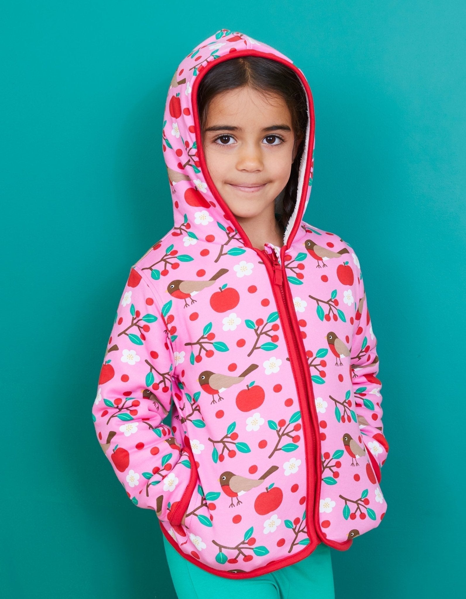 Toby Tiger Organic Fleece Hoodie - Pink Robin Print - Baby&More