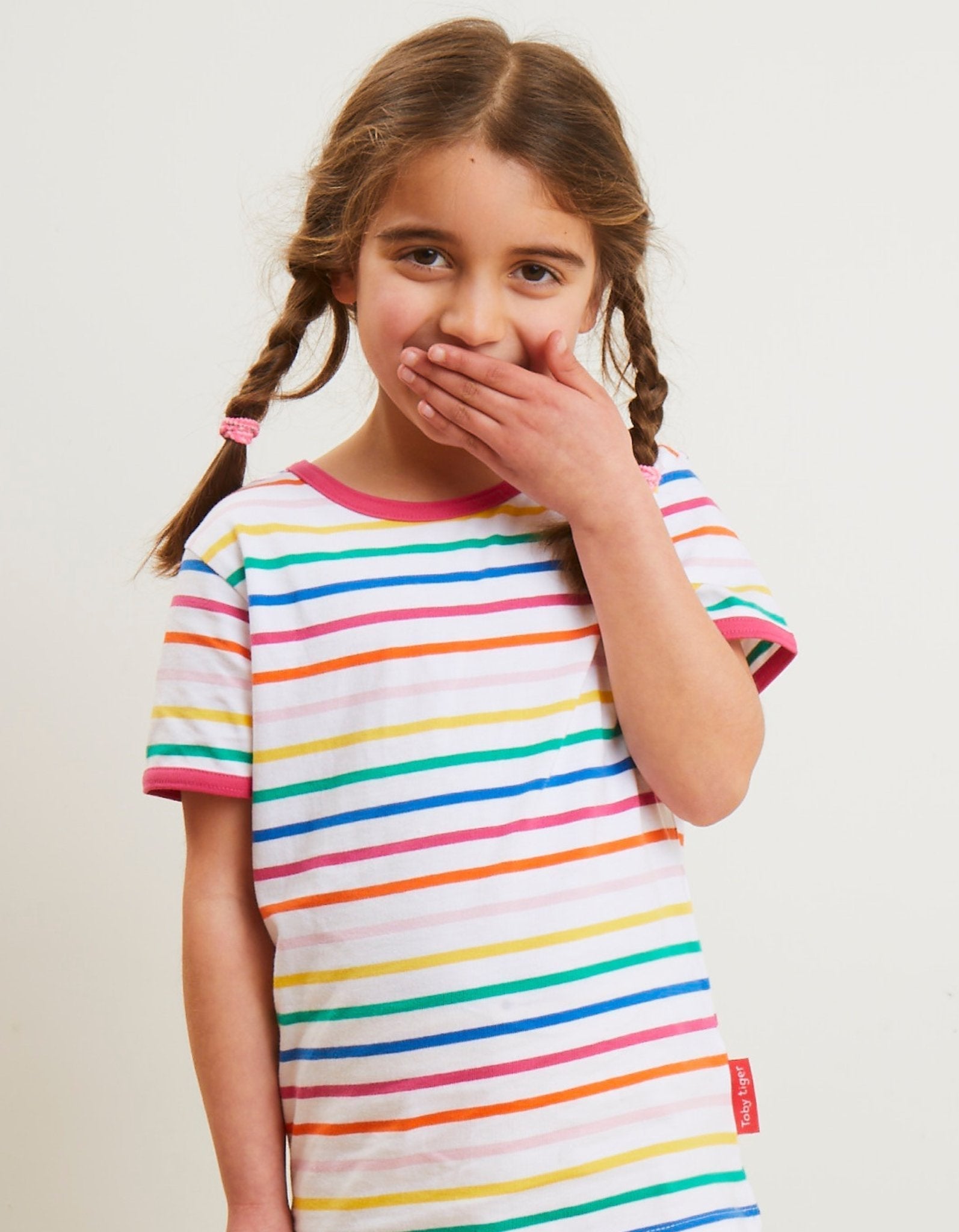 Toby Tiger Organic Short-Sleeved T-Shirt - Pink Rainbow Stripe Print - Baby&More