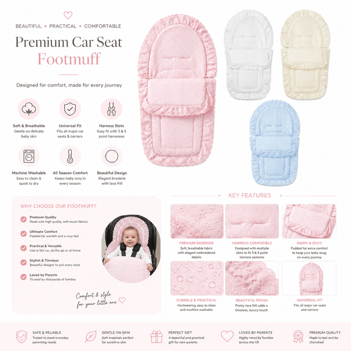 Universal Broderie Anglaise Car Seat Footmuff / Cosy Toes - Baby&More
