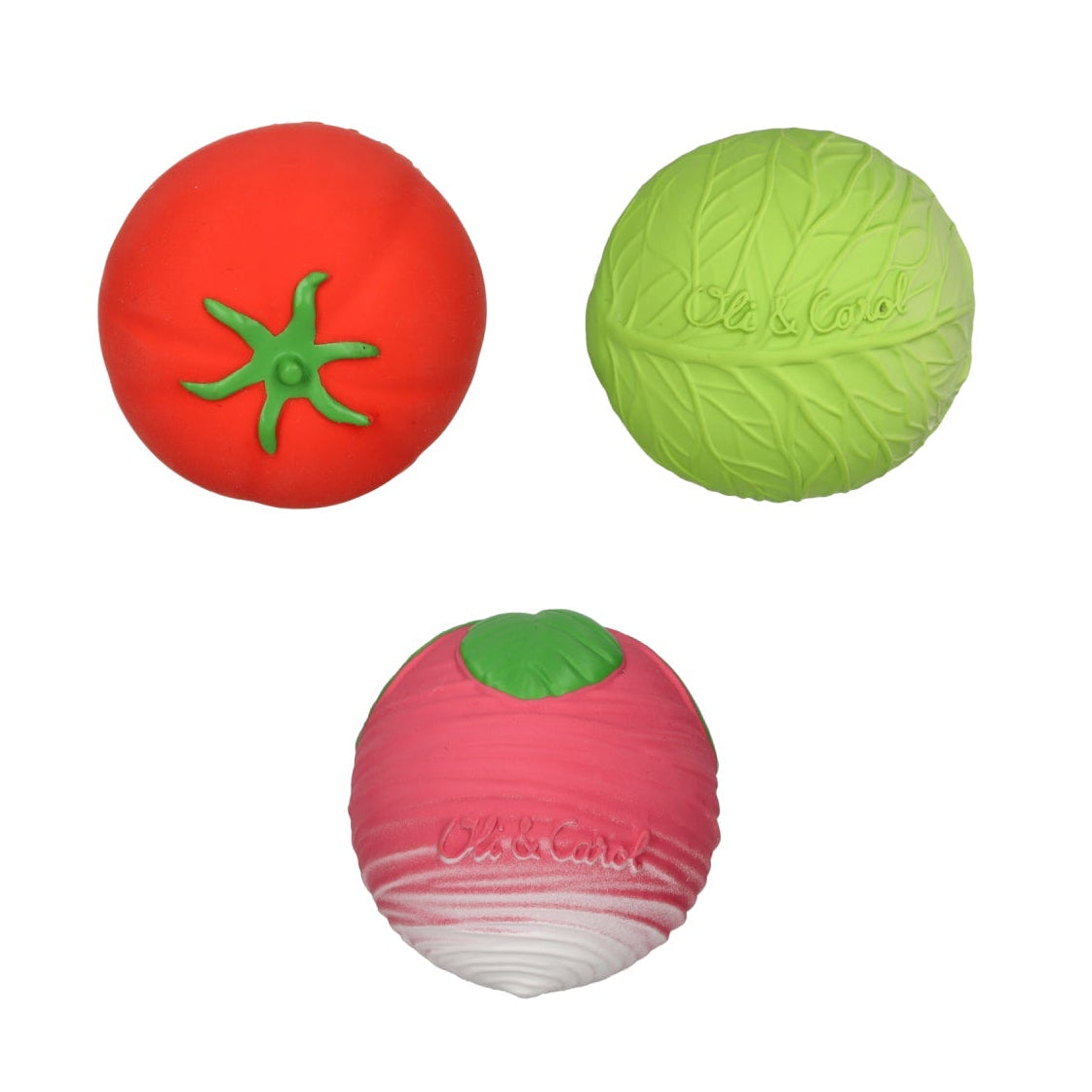 Three vegetable-shaped rubber toys on a white background