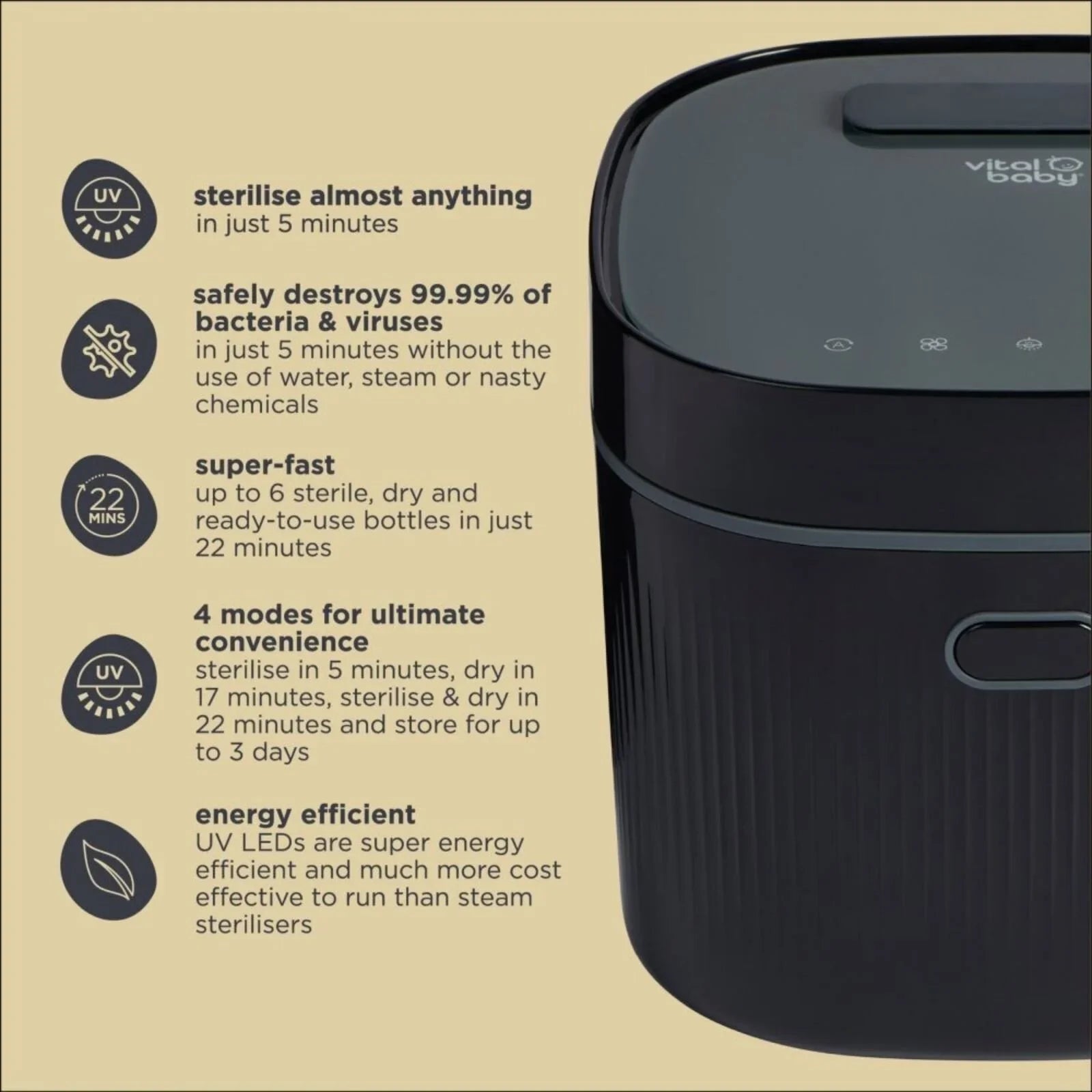 Vital Baby Advanced Pro UV Steriliser & Dryer (3rd Gen) - Black - Baby&More