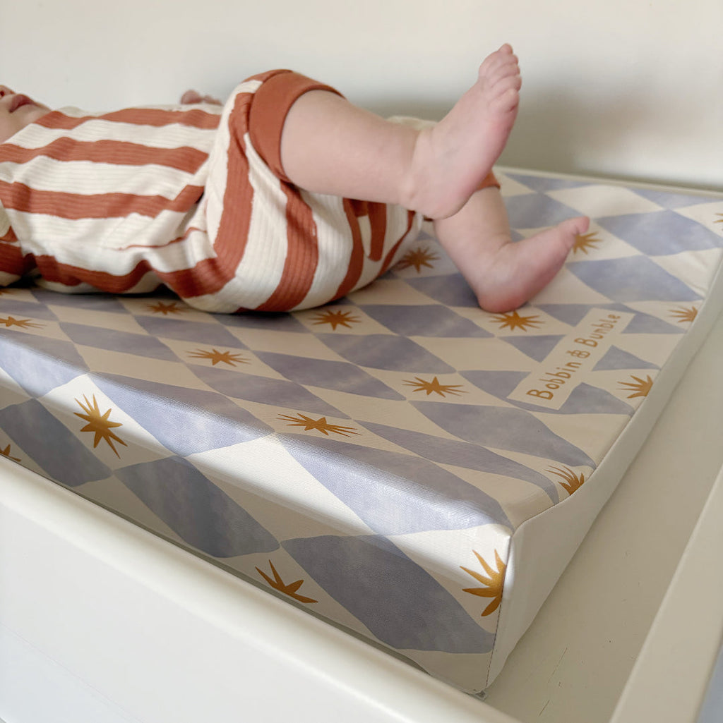 Bobbin and Bumble Anti-Roll Wedge Changing Mat - Blue Harlequin