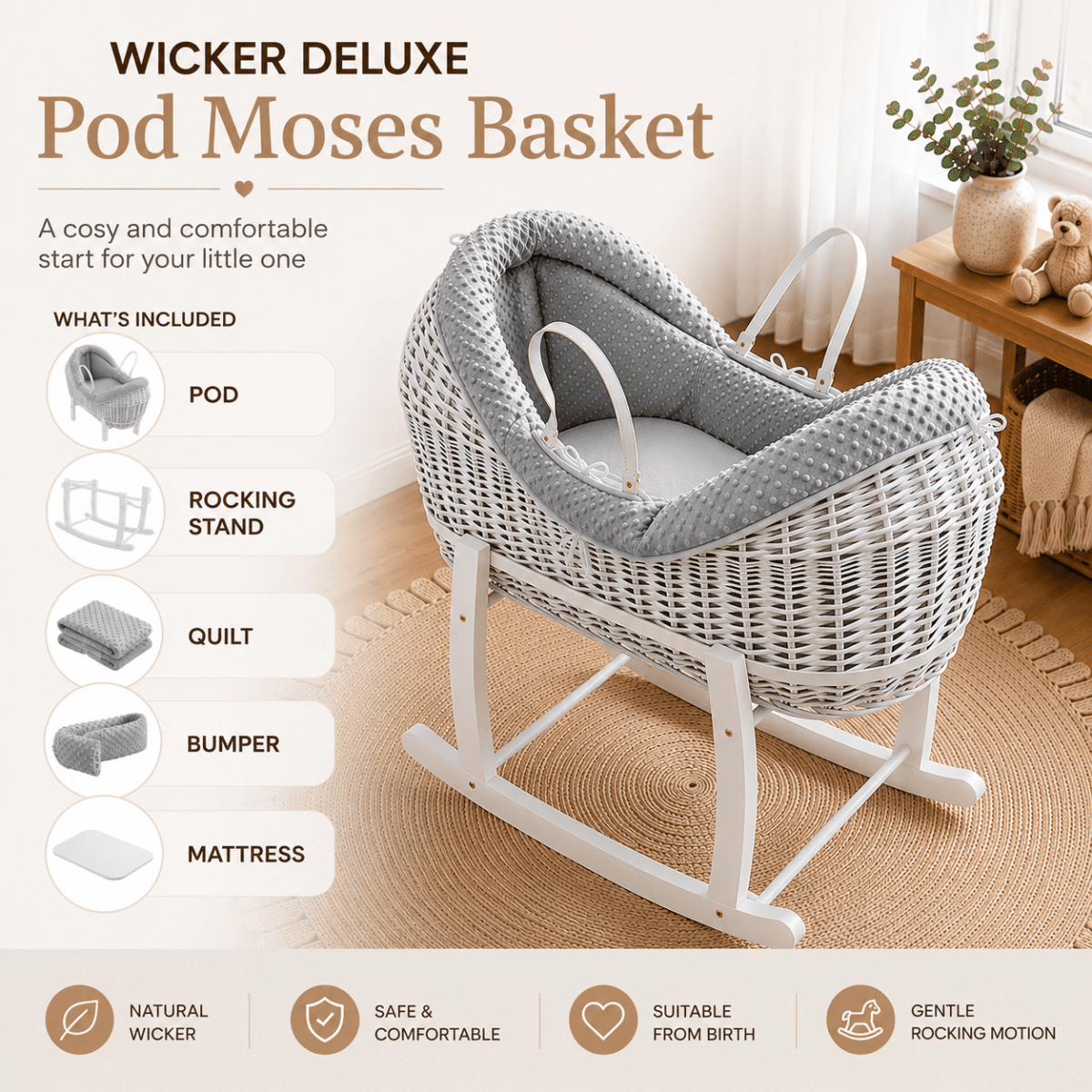 Wicker Deluxe Pod Baby Moses Basket With Stand - Baby&More