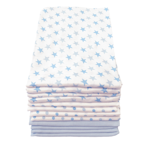 MuslinZ 12 Pack Muslin Squares - Baby Blue Stars