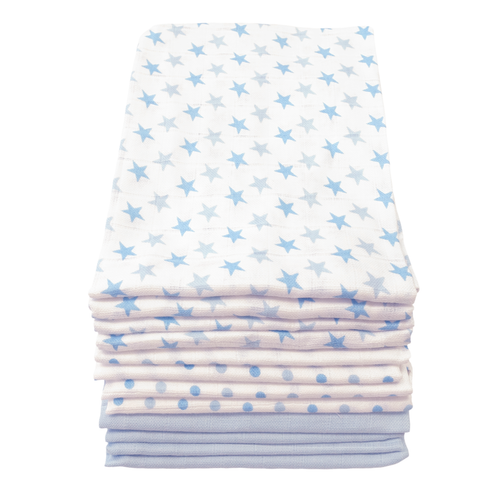 MuslinZ Paquete de 12 cuadrados de muselina - Estrellas azul bebé