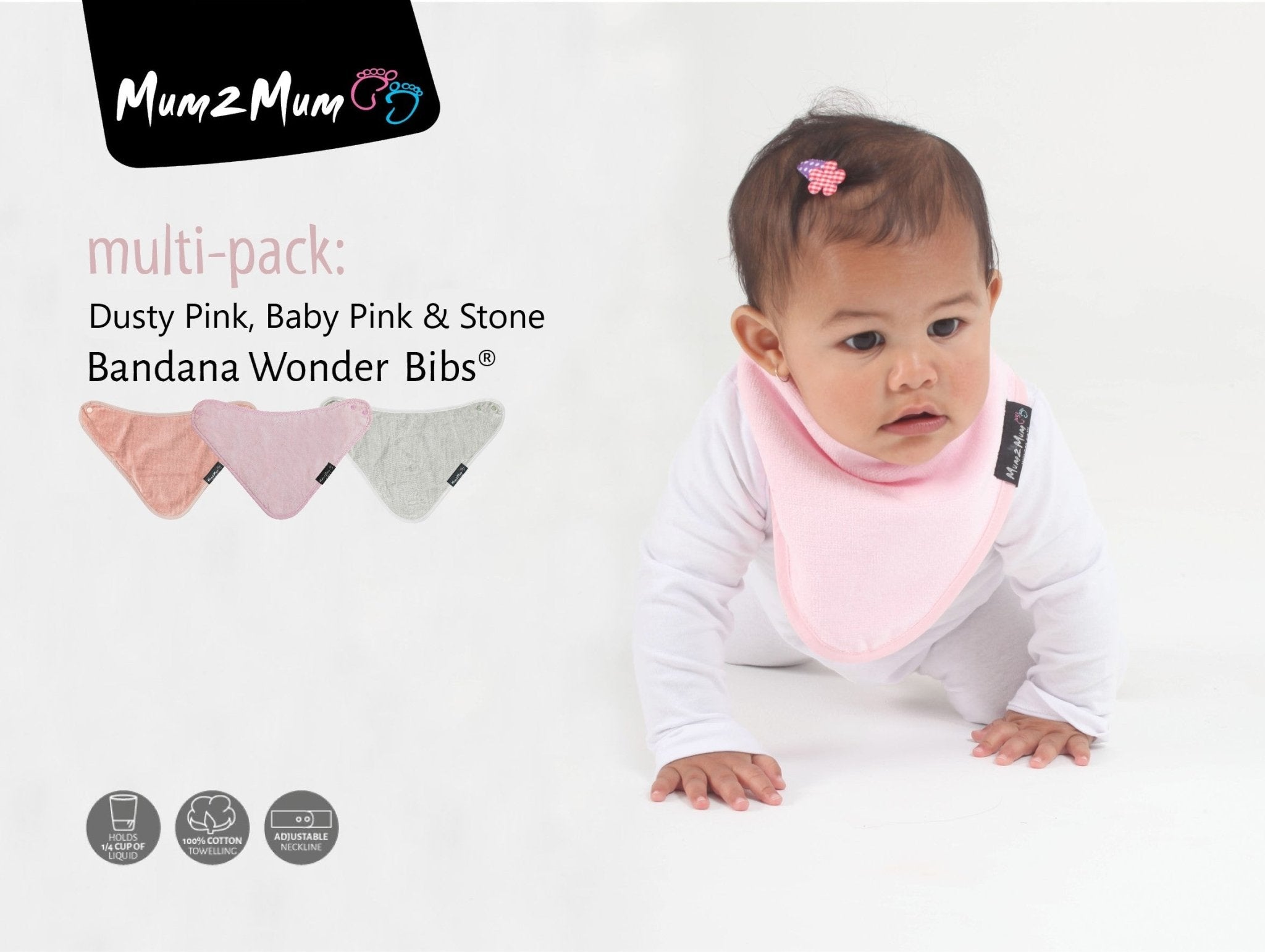 3 PACK - Mum 2 Mum Bandana Style Baby Bibs - Dusty Pink / Baby Pink / Stone - Baby&More