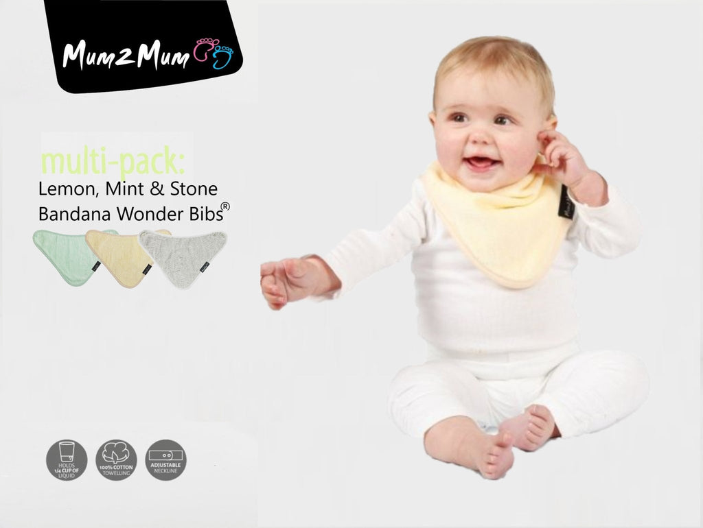 3 PACK - Mum 2 Mum Bandana Style Baby Bibs - Lemon / Mint / Stone - Baby&More